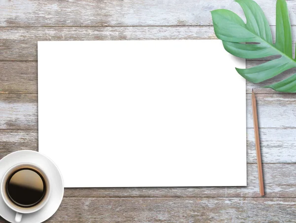 Office Desk White Blank Paper Notepad Brown Pencil Wood Table — Stock Photo, Image