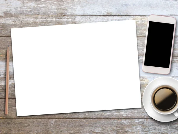 Biurowe Biurko Biały Pusty Papier Lub Notatnik Smartfon Ołówkiem Kawą — Zdjęcie stockowe