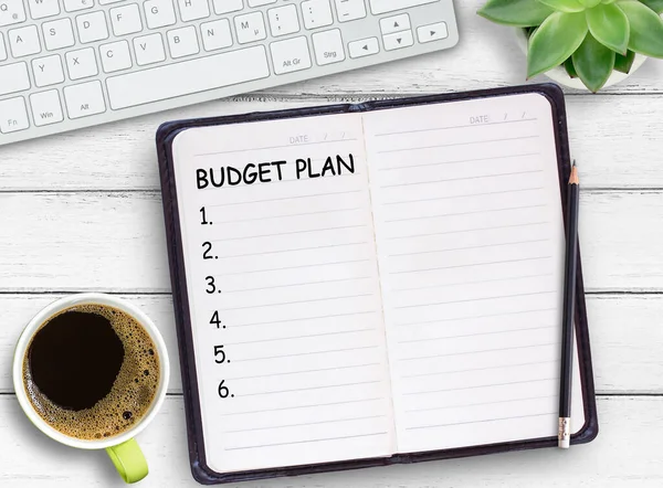Tekstowy Plan Budżetowy Notebooku Klawiaturze Laptopa Kubkiem Napoju Zielony Kaktus — Zdjęcie stockowe