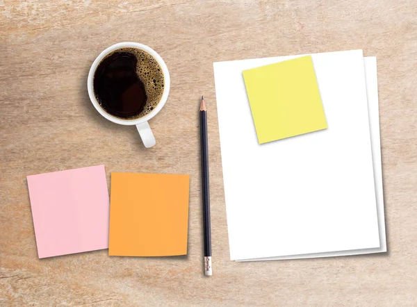 Blank Paper Sticky Note Coffee Wood Table Background Top View — 스톡 사진