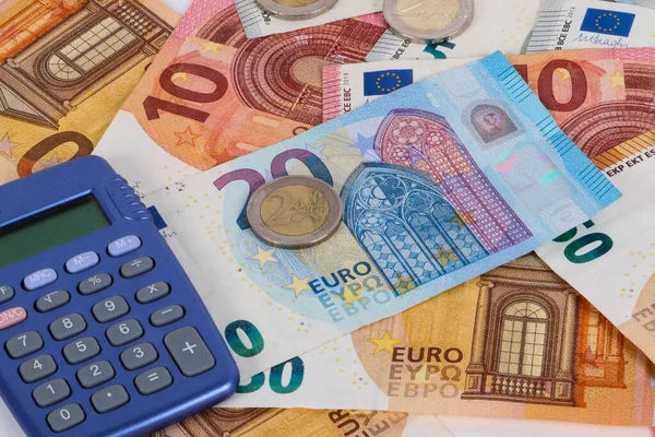 Colored Calculator Lies Stack Euro Bills — Stock Photo, Image