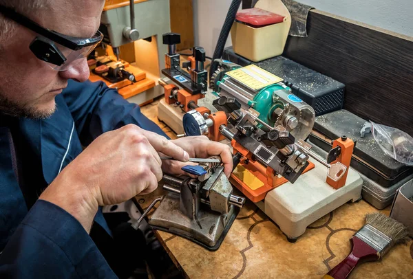 Locksmith Workshop Makes New Key Professional Making Key Locksmith Industrial Stock Image
