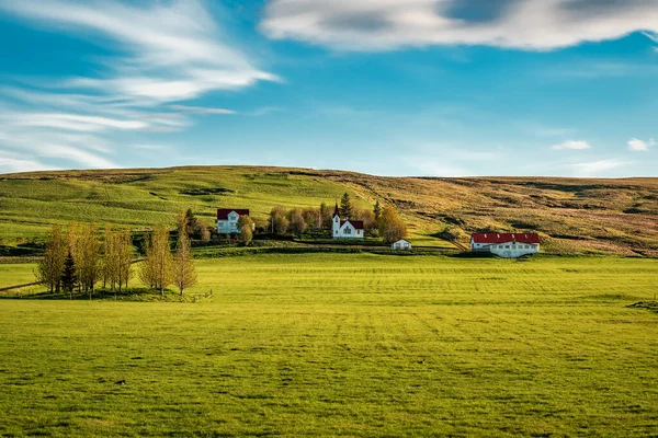 典型的冰岛乡村白色教堂 在蓝色的夏日天空下的绿色草坪上 — 图库照片