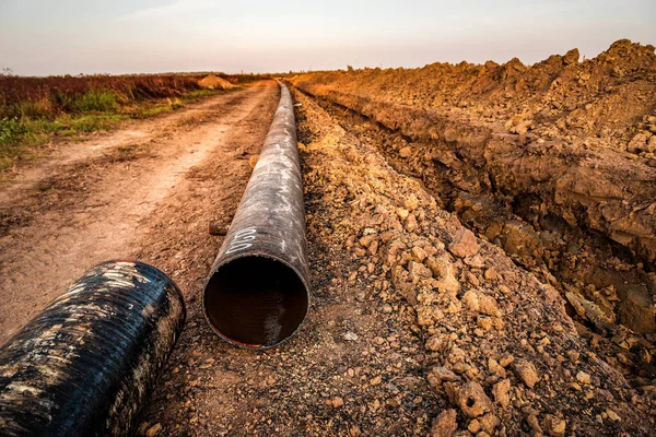 Site Construction Pipeline Pour Gaz Coucher Soleil Thème Industriel — Photo