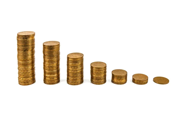 Stacks Money Coins Step Gráfico Crescimento Receita Financeira Fundo Branco — Fotografia de Stock
