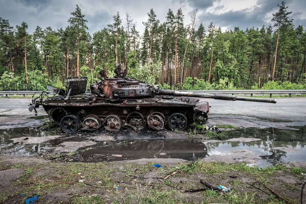 Wreck of burned russian tank near Kyiv. Ukraine. War in Ukraine