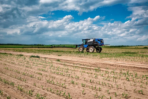 Agricultural Tractor Spraying Pesticides Corn Maize Field Sprayer Spring — Fotografia de Stock