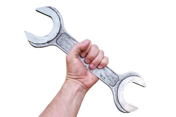 Worker Hand Holding Big Spanner Tool Wrench Isolated White Background Rechtenvrije Stockafbeeldingen