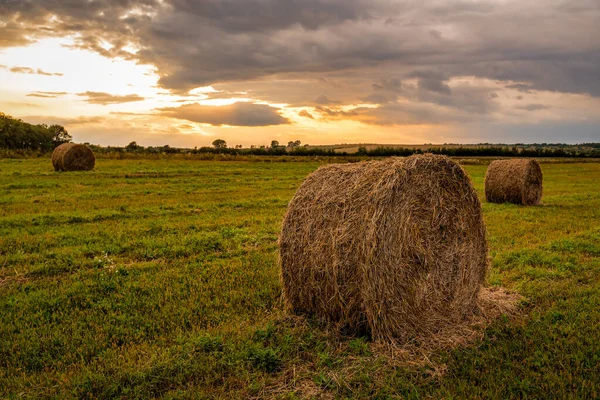 美しい夕日のフィールド上の丸い干し草の俵 — ストック写真