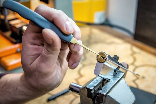 Professional Locksmith Repairs Door Lock Cylinder Industrial Theme — Stock Photo, Image