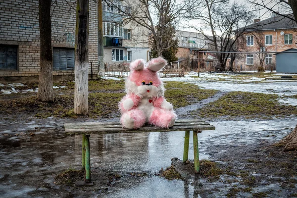 Розовый Плюшевый Кролик Сидит Скамейке Бедном Жилом Районе Плохая Погода — стоковое фото