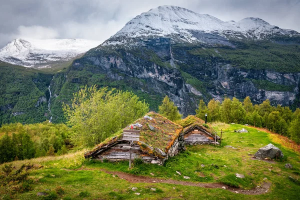 Típicas Cabañas Noruegas Madera Vieja Con Techos Hierba Homlongsetra Skagefla — Foto de Stock