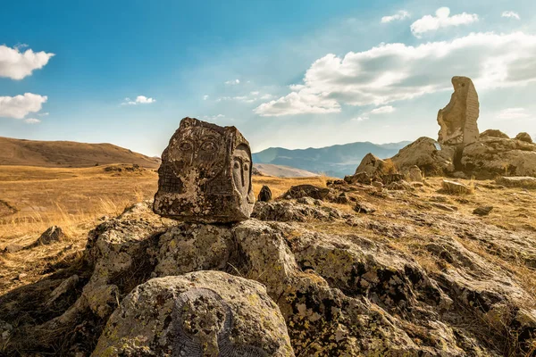 Carved Face Stone Megalithic Standing Stone Zorats Karer Carahunge Armenia — Stock Photo, Image