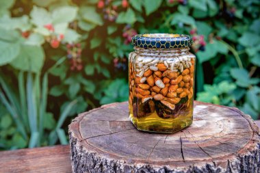 Taze bal ve çeşitli fındıklı cam kavanoz.