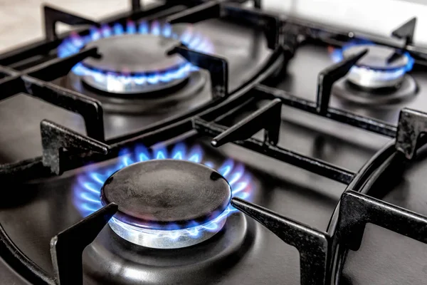 Closeup Shot Blue Fire Three Domestic Kitchen Stove Top Gas — Stock Photo, Image