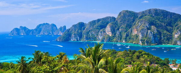 View tropical island with resorts - Phi-Phi island, Krabi Province Thailand