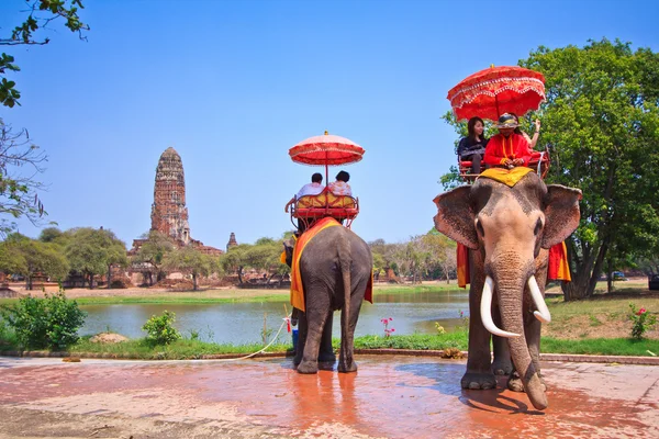 AYUTTHAYA, THAILAND - MARCH 7: Tourists on an elephant ride tour of the ancient city on March 7, 2013 in Ayutthaya. — Stock Photo, Image