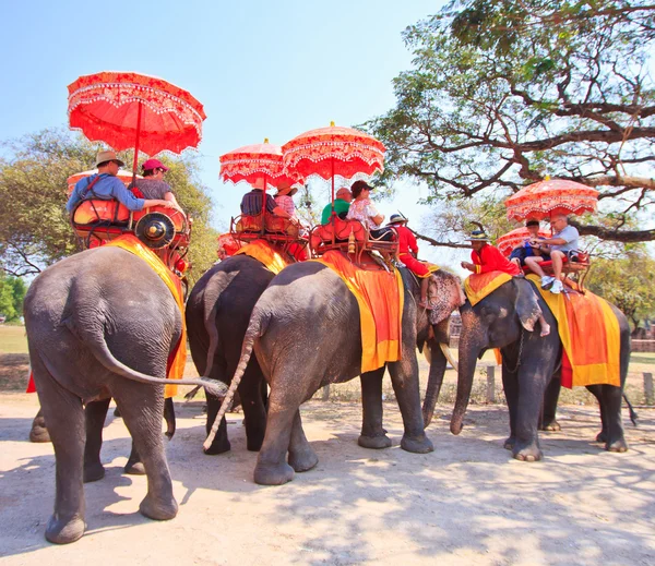 Ayutthaya, Thailand - 7. März: Touristen auf einer Elefantenritt-Tour durch die antike Stadt am 7. März 2013 in Ayutthaya. — Stockfoto