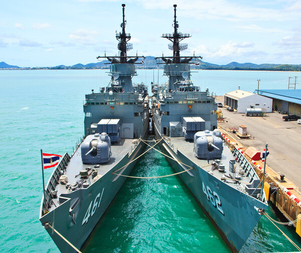 Battleship docked at the harbor