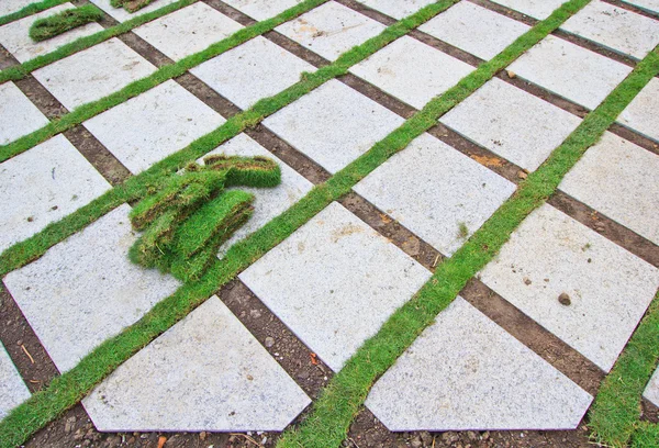 Baksteen met gemanicuurde gazon — Stockfoto