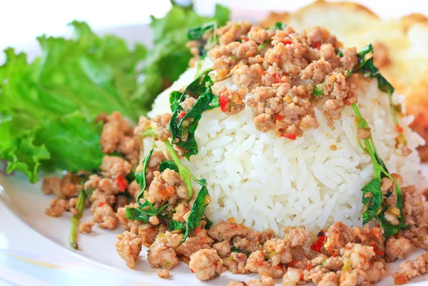 Gebakken varkensvlees met zoete basil.whit basilicum — Stockfoto