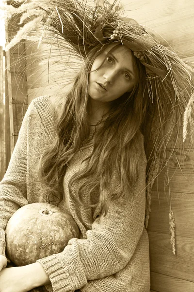 Menina em uma grinalda de outono com abóbora Fotos De Bancos De Imagens