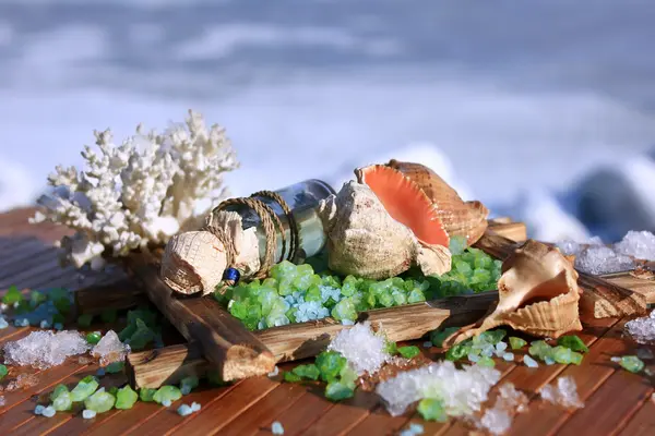 Oil and salt on the background of the sea in winter — Stock Photo, Image