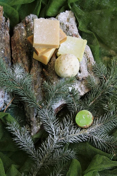 Handmade soap on the bark and twigs of trees — Stock Photo, Image