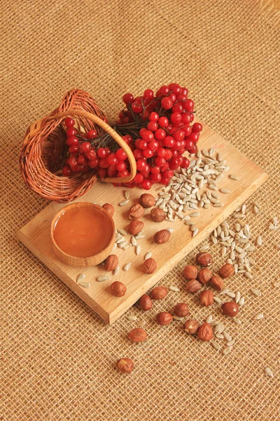 Kalina jagody na desce z orzechów i nasion — Zdjęcie stockowe