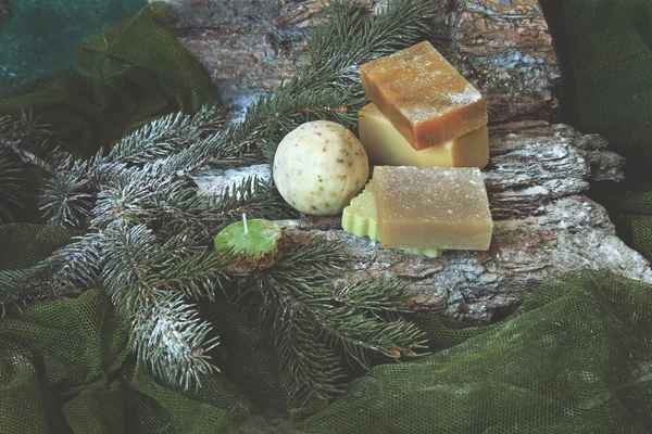 Handmade soap on the bark and twigs of trees — Stock Photo, Image