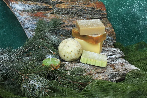 Handmade soap on the bark and twigs of trees — Stock Photo, Image