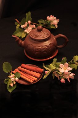 Tarçın siyah bir arka plan üzerinde bir çiçek kiraz ile sopa.