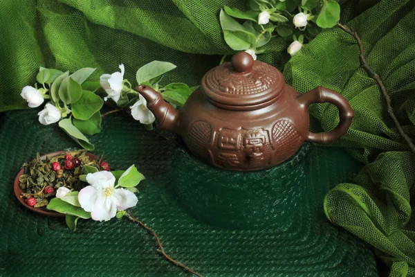 Clay teapot with cinnamon and cherry blossom — Stock Photo, Image