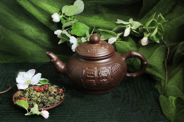 Clay teapot with cinnamon and cherry blossom — Stock Photo, Image