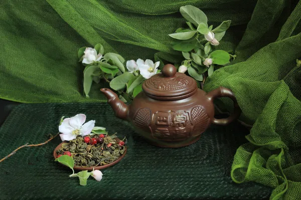 Tarçın ve kiraz çiçeği ile kil çaydanlık — Stok fotoğraf