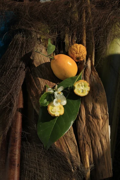 Lemon lemon and wild flowers on bamboo — Stock Photo, Image