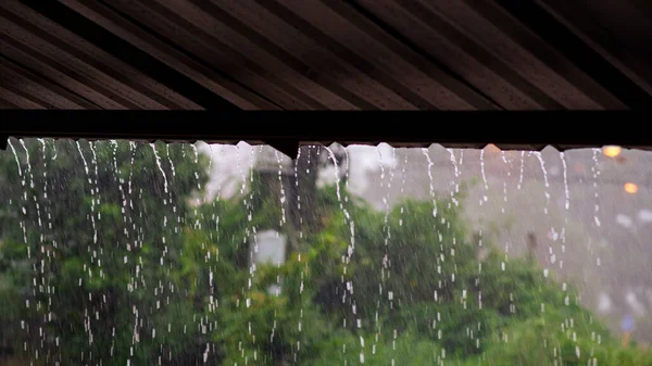 Heavy Rain Poured Roof House Rainy Season Rainy Season Dark — Fotografia de Stock