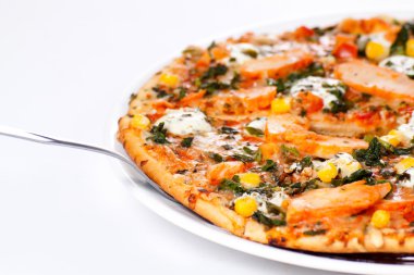 beyaz zemin üzerinde tavuk pizza