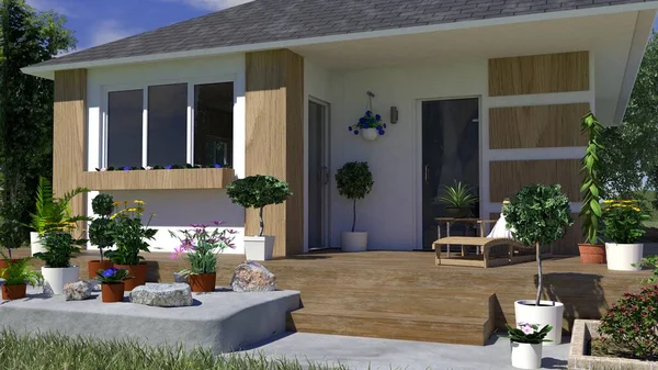 Single Family House Wooden Cladding Terrace — Fotografia de Stock