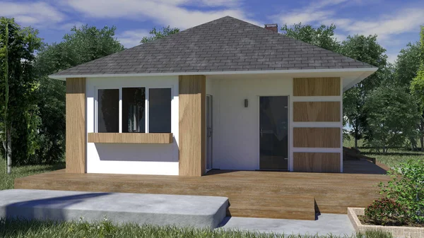 Single Family House Wooden Cladding Terrace — Stock Photo, Image