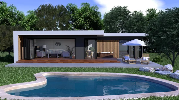 Terası, havuzu ve bahçesi olan konteynırlardan küçük bir ev.