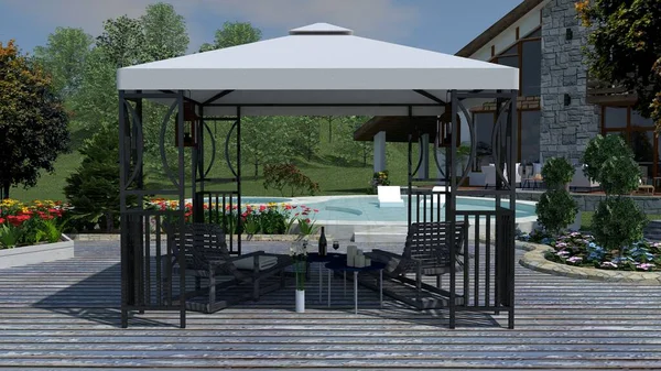 Pavilion 'lu ev, havuz ve bahçeye bakan.