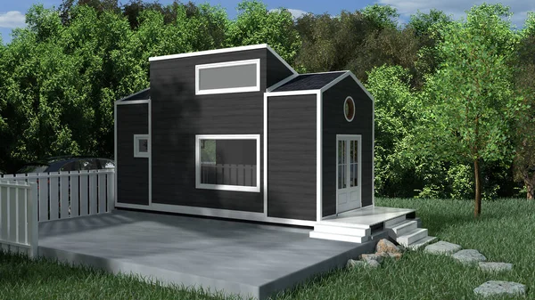 Yeşil çimenleri ve beton zemini olan modern küçük bir ev.
