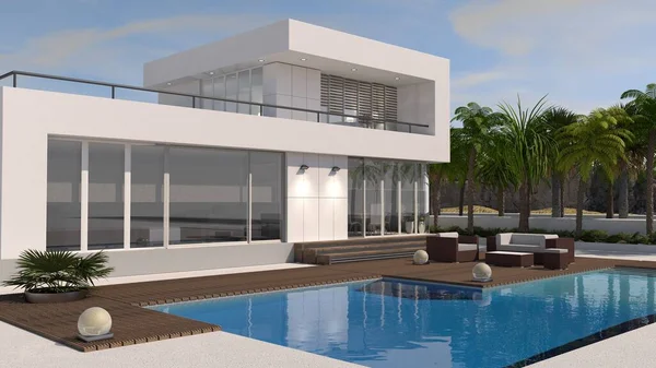 Luxury House Room Pool Palm Tree Swimming Poolside — Stok fotoğraf
