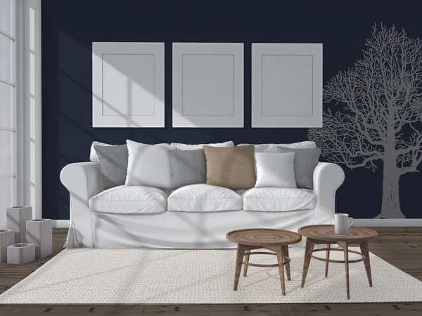 Interior Design Living Room Large Spacious White Scandinavian Style Wooden — Fotografia de Stock