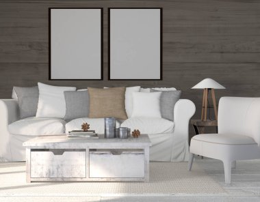 mock up blank poster frame in the interior. 3d render, 3d illustration