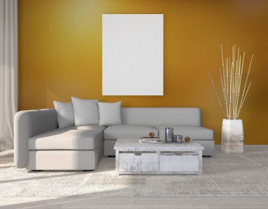 Ahşap duvar arka planındaki poster çerçevesini taklit et. İskandinav iç mimarisi. 3d görüntüleme, bir resmin resmi