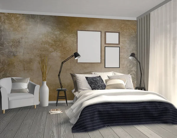 Mock Blank Poster Wall Hipster Bedroom Rendering Illustration — Stockfoto