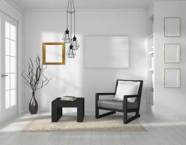 Schönes Modernes Wohnzimmer Mit Schwarzem Stuhl Pflanze Holzrahmen Und Illustration — Stockfoto