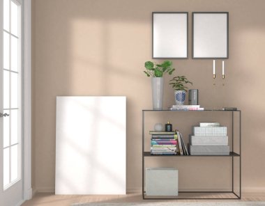 Şablon modern oturma odasındaki duvara 2 kare ve 1 poster, 3 boyutlu çizim, 3 boyutlu illüstrasyon
